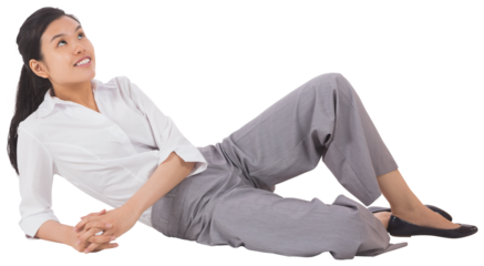 Digital png photo of asian businesswoman looking up on transparent background