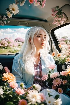white hair girl in a car with  beautiful flowers wallpaper
