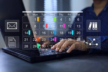 Reminder appointment calendar for organizer agenda time table and event planner organize and schedule activity. Businessman with calendar or meeting schedule marking color note target date appointing