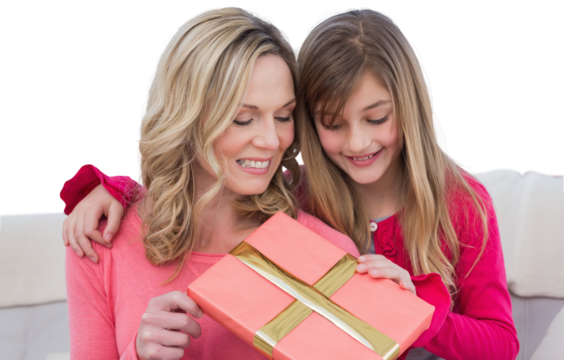 Digital png photo of caucasian mother with daughter and gift on transparent background