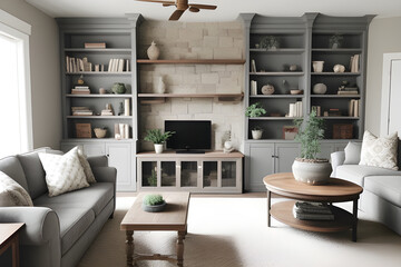 Gray stone wall interior room with wooden decor, bookshelves, sofa and plant vase, center table, carpet, home decor.
