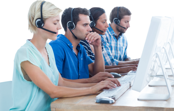Digital png photo of diverse business people using phone headsets on transparent background