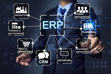 Businessman with ERP, Enterprise Resource Planning concept. Providing advanced capabilities to automate operational processes, react in real time, automatic updates and gain a competitive advantage