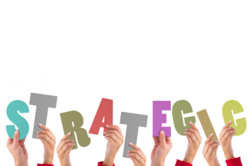 Digital png illustration of hands holding strategic text on transparent background