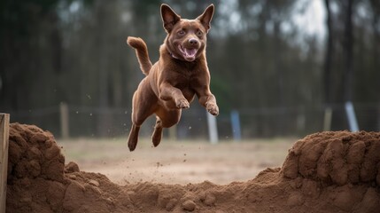 happy medium sized brown dog jumping through the air - obrazy, fototapety, plakaty