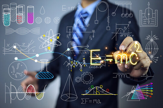 A university professor is writing physics equations in Albert Einstein's theory of relativity and applying them to create new innovations that benefit the people.