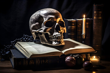 Human Skull and Book Gothic Art Photography Generative ai 
