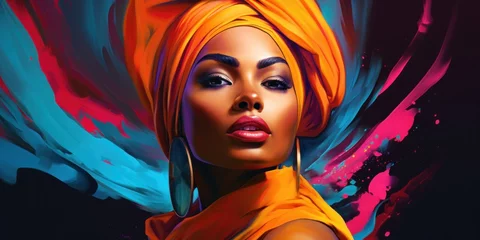 Poster illustration of beautiful  black woman in a turban, generative AI © VALUEINVESTOR