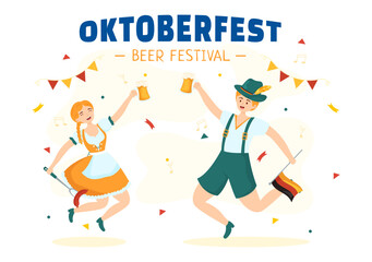 Happy Oktoberfest Party Festival Vector Illustration with Beer, Sausage, Gingerbread, German Flag and ets Background Flat Cartoon Hand Drawn Templates