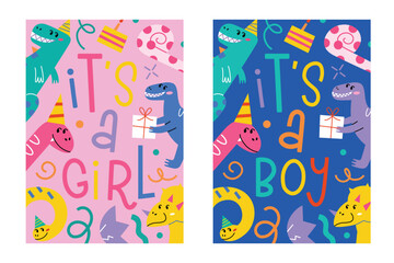 Gender reveal greeting cards with adorable dinosaurs, hand drawn set of compositions with tyrannosaurus and  cakes, its a girl and its a boy lettering, postcards for baby shower congratulations