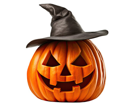 Halloween pumpkin wearing witch hat isolated on transparent background