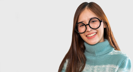 Portrait of beautiful asian woman smiling happy posing and looking with copy space for advertising, girl, student, female, lady, smile face, beauty, positive, cute cheerful girl on white background