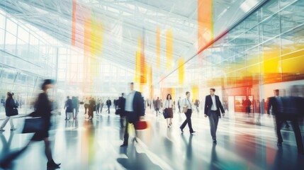 Business people walking at business center or station, or busy trade fair. Blurred colourful image. Wide banner with copy space. AI generated digital design. 
