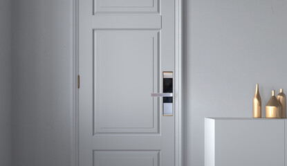 Digital door lock installed on white door.