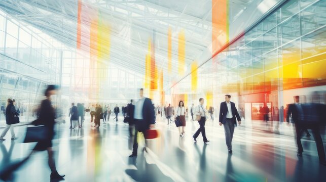Business people walking at business center or station, or busy trade fair. Blurred colourful image. Wide banner with copy space. AI generated digital design. 