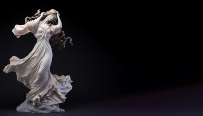 Naklejka premium The elegant composition highlights a graceful woman wearing a flowing dress against a dark background.