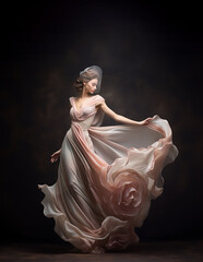 This sophisticated combination features a graceful lady in a flowing gown set against a dark backdrop.