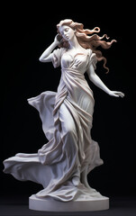 Beautiful porcelain sculpture capturing the grace of a woman in a flowing attire, set against a dark background. Marble statue of a ballerina
