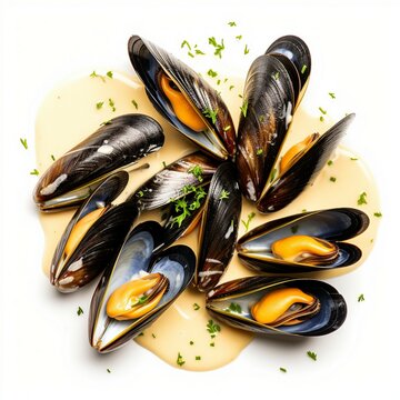 Mussel with white wine sauce on table white background. Generative AI