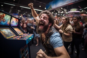 Player Achieving A High Score On A Vintage Arcade Game, Generative AI.