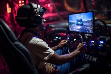 Player Fully Immersed In A Vintage Racing Game, Generative AI