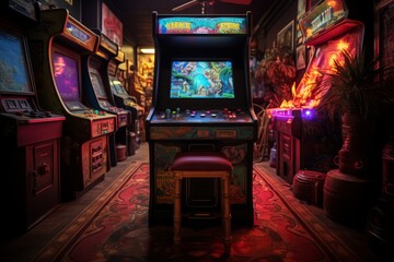 Obraz premium Vintage Arcade Cabinet Showcasing The Classic Arcade Game, Generative AI 