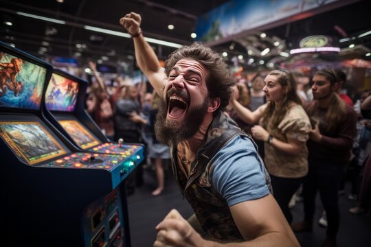 Player Achieving A High Score On A Vintage Arcade Game, Generative AI.