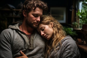 Fototapeta premium Couple Embracing As They Sleep Peacefully, Generative AI
