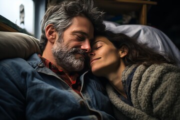Fototapeta premium Couple Embracing As They Sleep Peacefully, Generative AI