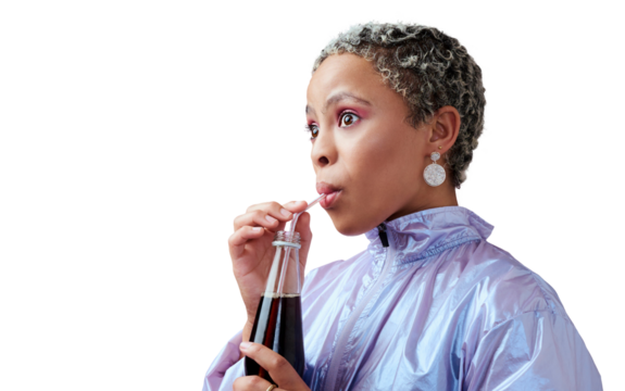 Fashion, woman and surprised portrait by soda bottle for cool, wow and fun summer liquid on isolated, transparent and png background. Shocked, African gen z girl and retro clothes with juice drink