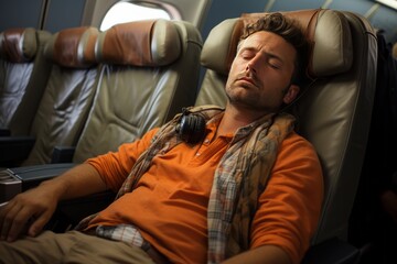 Fototapeta premium Tired Traveler Catching Some Rest On A Flight, Generative AI