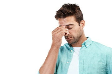 Face, fatigue or man with headache stress, brain fog or burnout isolated on transparent png...