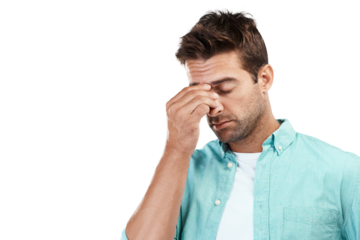 Face, fatigue or man with headache stress, brain fog or burnout isolated on transparent png background. Exhausted, tired or sick person frustrated or worried by head pain, anxiety or migraine crisis