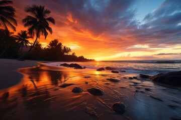 Vibrant Sunset Casting Warm Hues Over The Beach, Generative AI