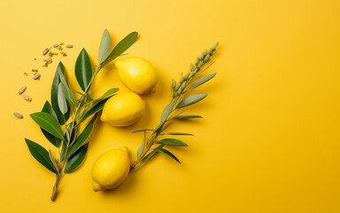 Sukkot symbols: palm tree, willow, myrtle, lemon on a yellow background