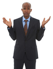 Black man, portrait and business question, confused and clueless with doubt isolated on png...