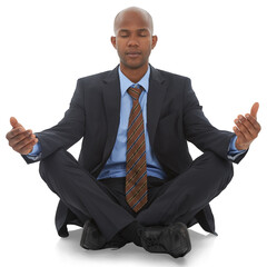 Black man, business suit and meditation with mindfulness and corporate career isolated on png...