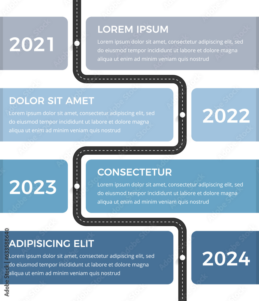 Poster vertical timeline infographics template with road with four elements for dates and text, vector eps1