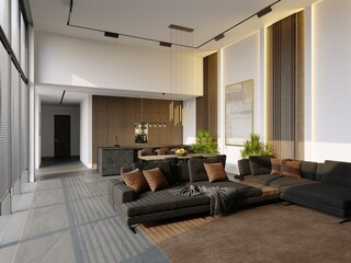 3D visualization of the interior of a modern house. Kitchen, living room and dining room. Modern interior design