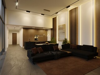 3D visualization of the interior of a modern house. Kitchen, living room and dining room. Modern interior design