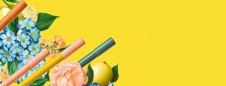 Contemporary make up collage with eye liners on bright yellow backdrop. Floral cosmetic concept. Wide banner with copy space. AI generated digital design. 