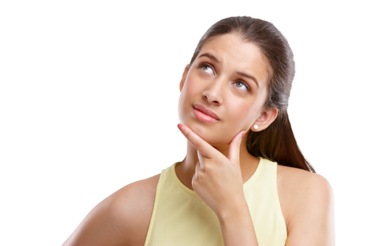 Thinking, confused and idea with woman on png for doubt, question and planning. Vision, news and decision with person isolated on transparent background for solution, problem solving and future - Powered by Adobe