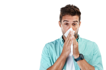 Allergy, blowing nose or portrait of man sick by hay fever illness, flu disease or virus by sneezing with tissue. Sinus problem, toilet paper or face of person isolated on transparent png background