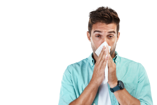 Allergy, blowing nose or portrait of man sick by hay fever illness, flu disease or virus by sneezing with tissue. Sinus problem, toilet paper or face of person isolated on transparent png background