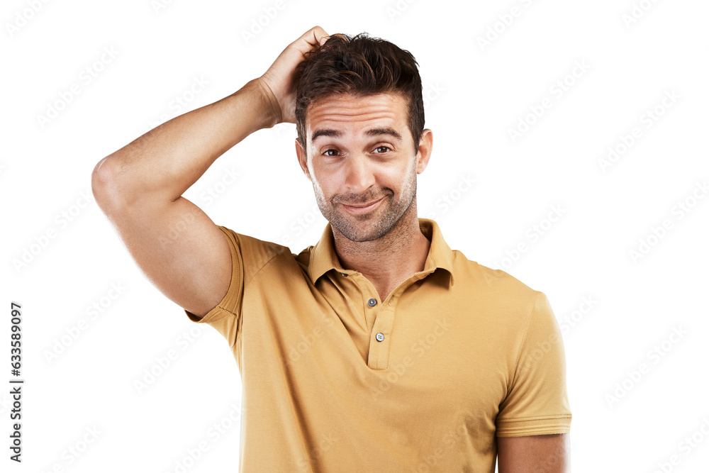 Poster thinking, doubt or portrait of man confused by question isolated on transparent png background. why,