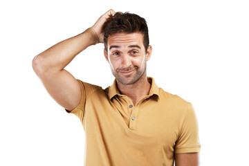 Thinking, doubt or portrait of man confused by question isolated on transparent png background....