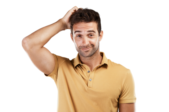 Thinking, doubt or portrait of man confused by question isolated on transparent png background. Why, scratching head or unsure male person with choice to consider for solution or problem solving