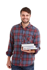 Man, books and education, portrait and smile with knowledge and learning isolated on transparent png background. Male student, reading material and textbook, information and research with studying
