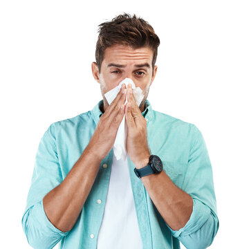 Sinus, blowing nose or portrait of man sick by hay fever illness, flu disease or virus by sneezing with tissue. Allergy problem, toilet paper or face of person isolated on transparent png background