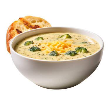 Cream of Broccoli and cheddar soup with bread vegetarian dish on transparent or white background, png